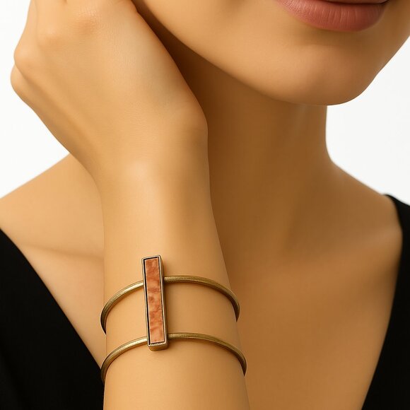 Gold Bracelet - Cuff Design w/ Mable piece on top - Rare Design Women's Jewelry - Picture 1 of 5